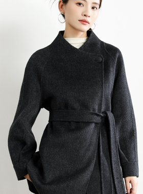 2025秋冬新款双面呢羊绒大衣女中长休闲腰带V领羊毛呢子外套15809