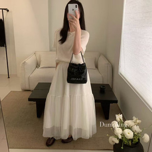 春夏女装垂坠感飘逸纱裙松紧腰中长款纯色拼接半身裙大摆显瘦下装