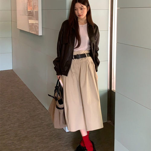 秋季女装复古高腰压褶宽松显瘦A字半身裙配腰带休闲简约纯色下装