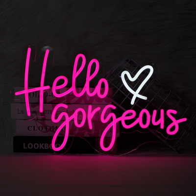 跨境新款led霓虹灯hello gorgeous英文装饰灯亚力克透明背板造型
