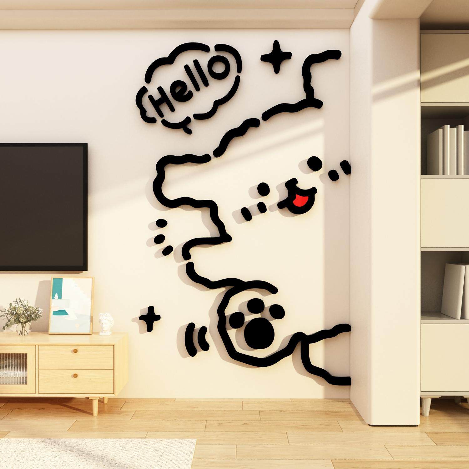 线条小狗客厅电视机背景大白墙面装饰壁画挂件贴纸2025新款自粘