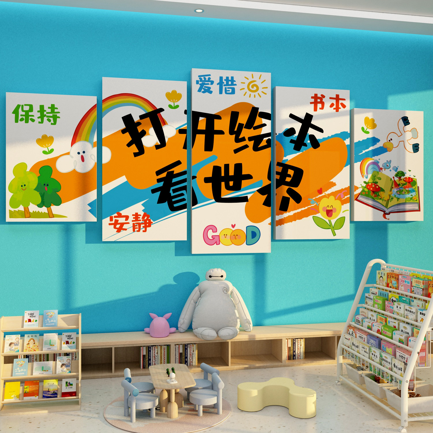 图书角布置装饰幼儿园阅读区文化墙贴环创板儿童打开绘本馆看世界