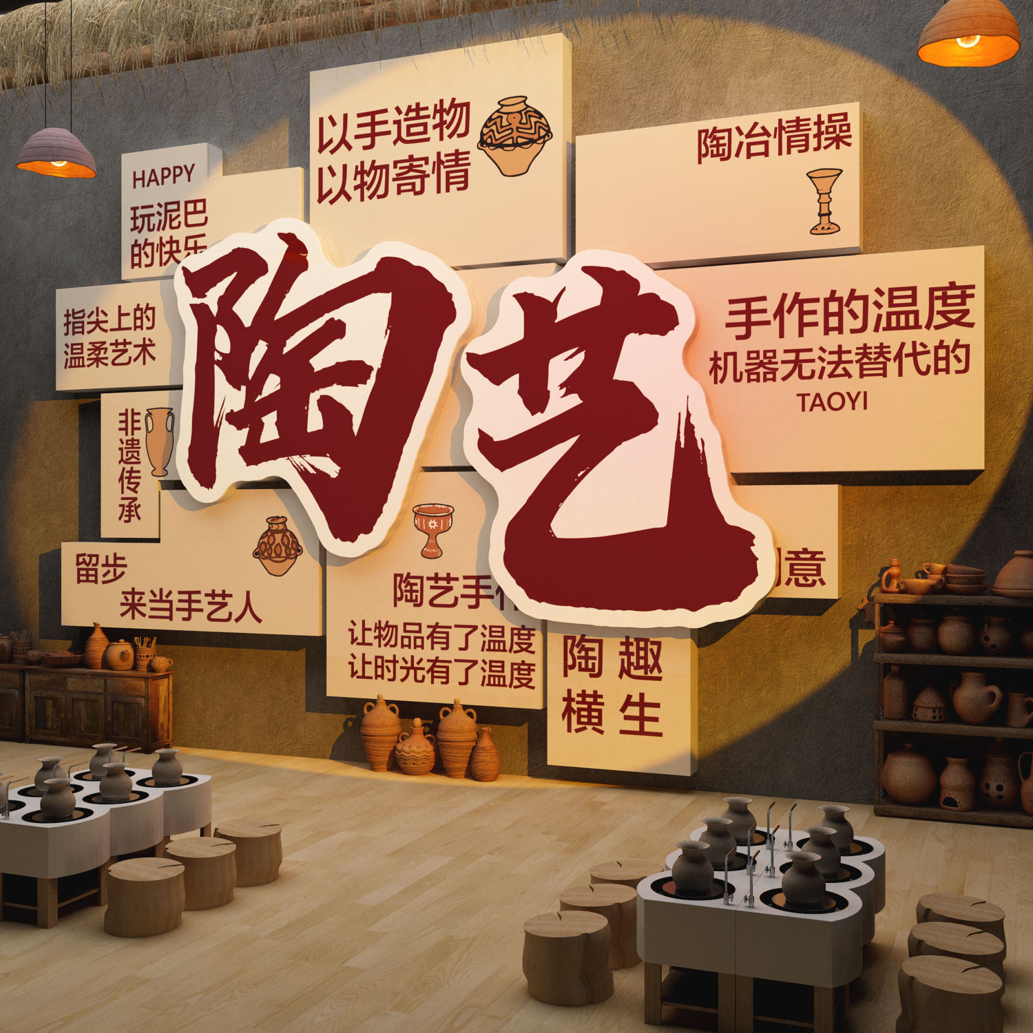 手工陶艺坊工作坊教室主题墙面装饰挂画泥塑布置环创文化贴幼儿园