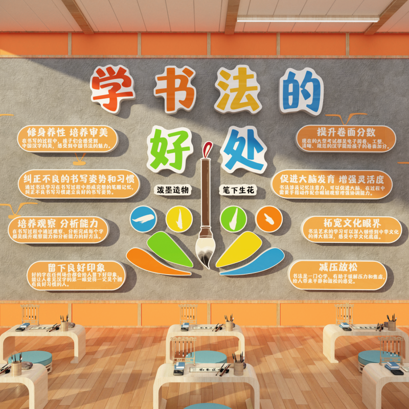 书法教室氛围布置装饰墙面环创硬笔贴画班级培训机构文化好处背景