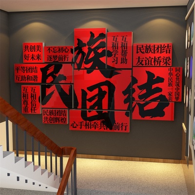 党建文化墙员活动室背景布置红色主题装饰民族团结支部墙贴画设计