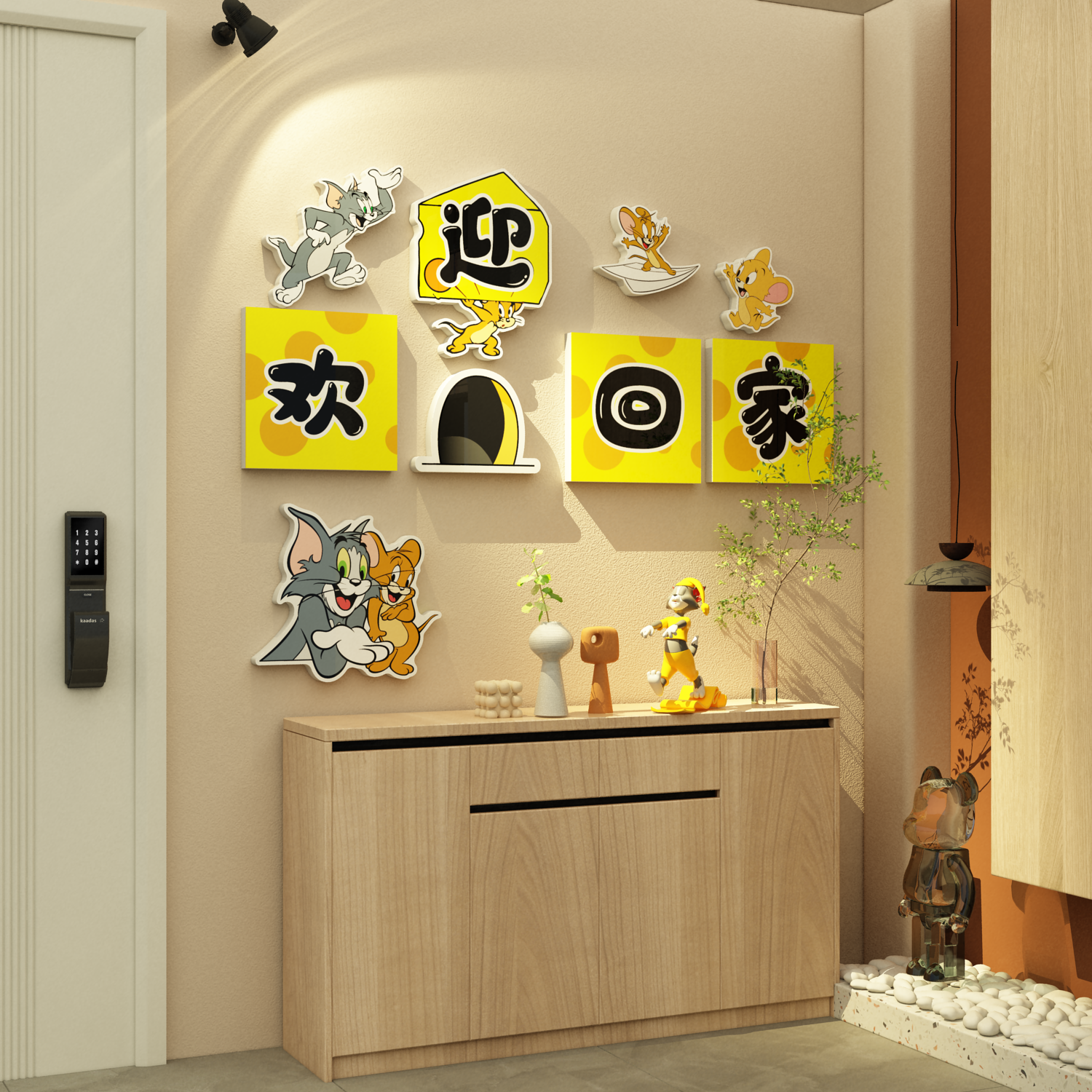 欢迎回家电梯厅一入户门口贴纸画猫和老鼠玄关墙面装饰布置仪式感图片