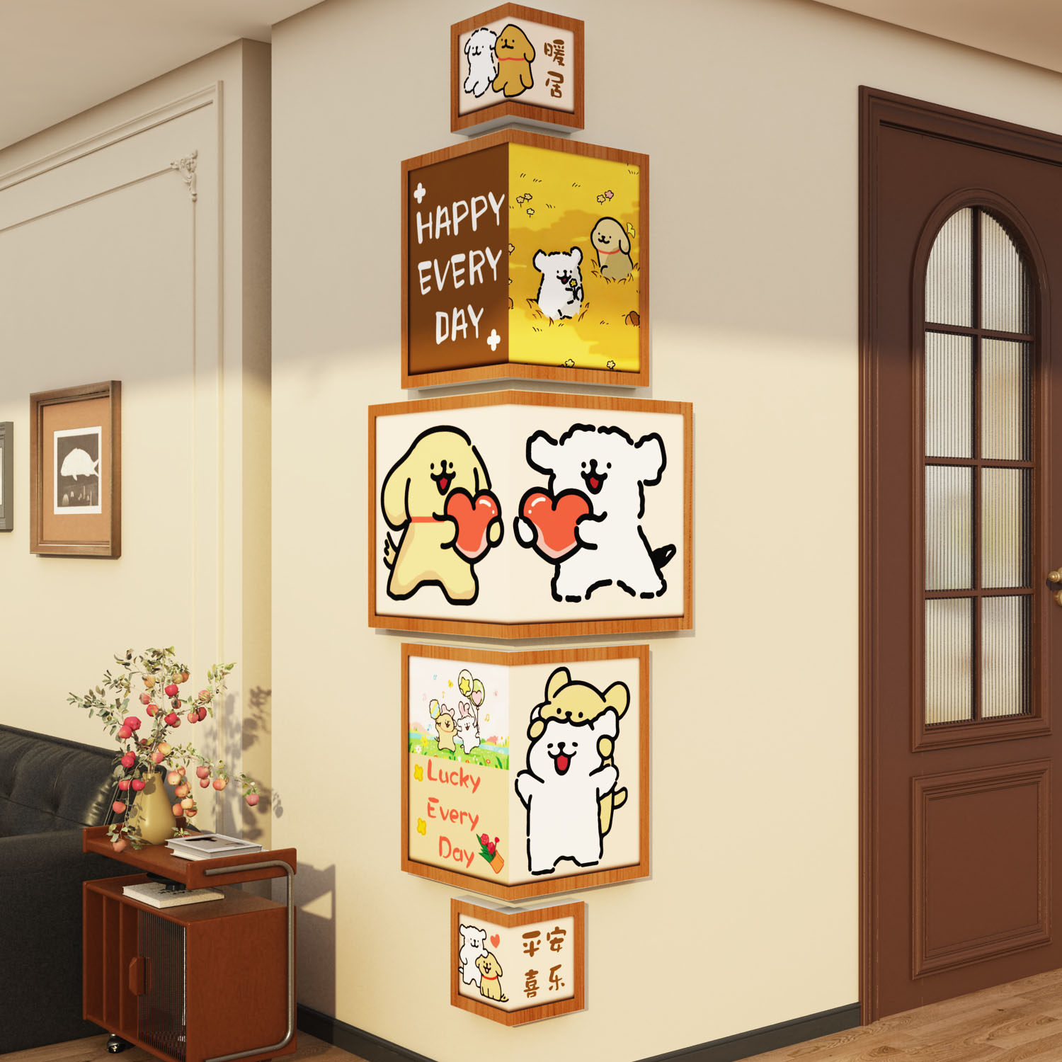 线条小狗玄关入户迎门拐转角墙贴面遮丑布置电视挂件创意画装饰
