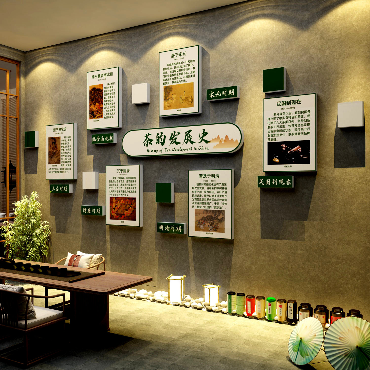 网红茶室氛围布置叶店背景墙壁装饰画文化贴画茶馆的发展史高级感