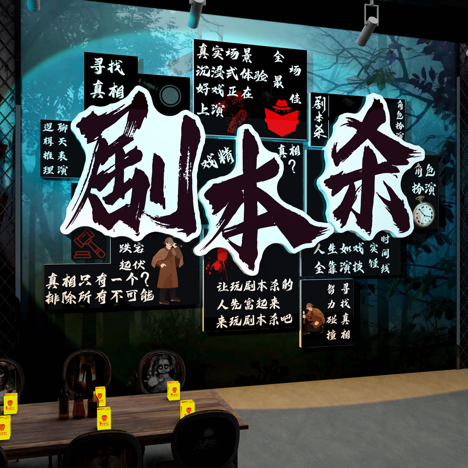 网红剧本杀店墙面装饰狼人杀桌游房间推理室布置海报场背景壁贴纸