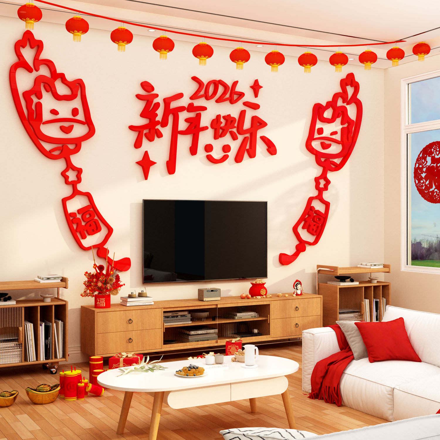 2026新年过马春节电视机背景墙面装饰画福字贴纸点缀挂件氛围布置