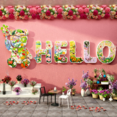 网红打卡公仔拍照区露营室小院户外背景形象鲜花墙面氛围布置装 饰