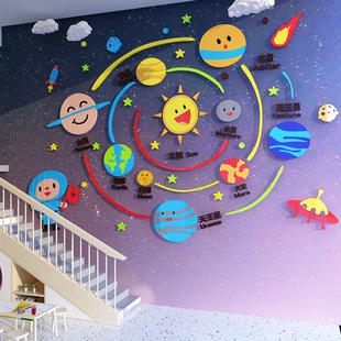 托管太空主题英语教室墙面装 饰成品布置幼儿园儿童房间楼梯环创贴