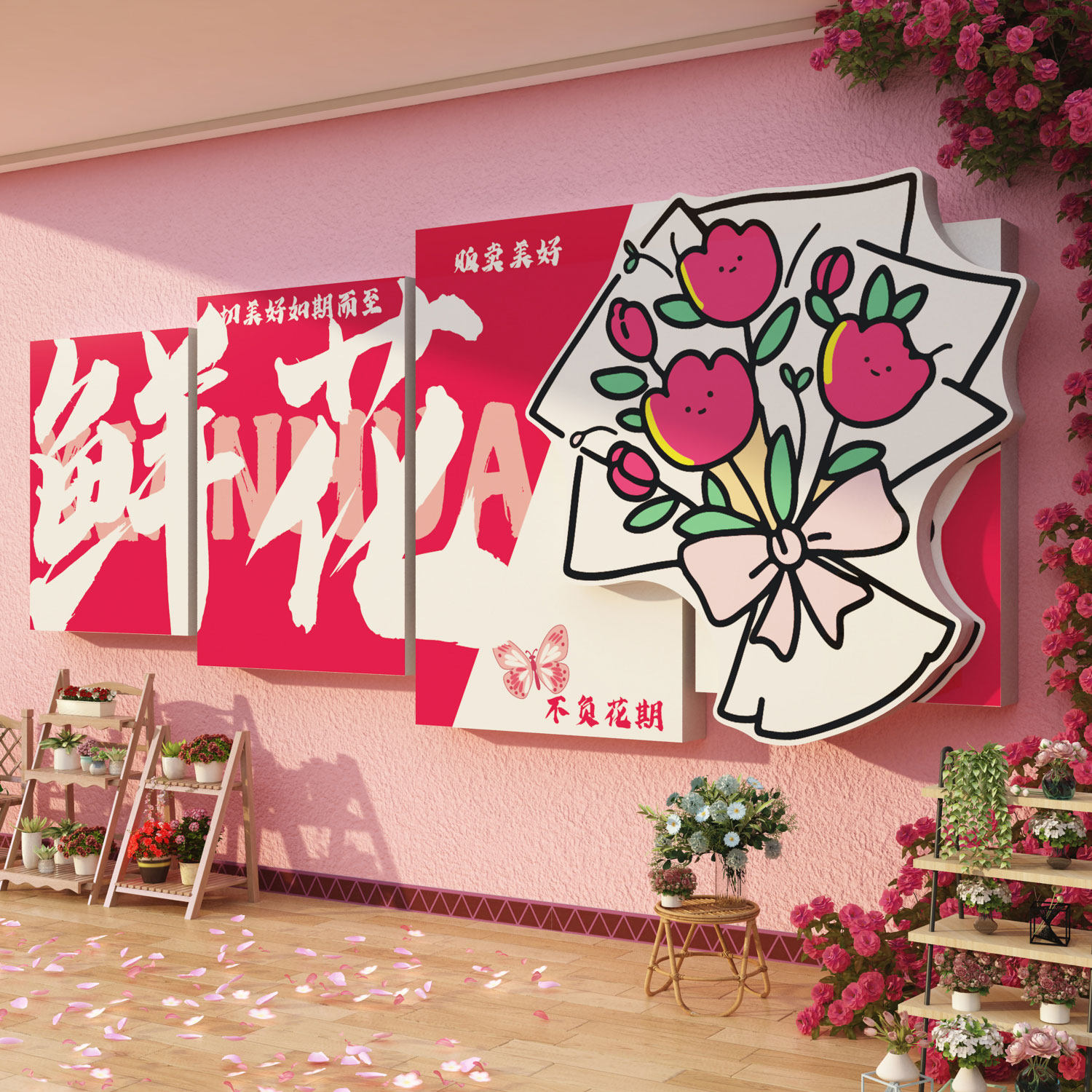 网红打卡拍照区鲜花店装修饰氛围户外布置墙面壁造背景形象贴纸