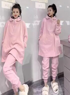 300斤大码女加绒卫衣卫裤套装