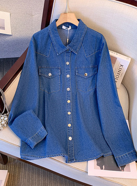 350斤胖妹妹大码300胖mm春新款正肩上衣宽松显瘦牛仔衬衫外套250
