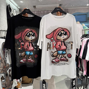 300斤特大码夏新款胖m重工显瘦240兔八哥中长款上衣纯棉短袖t恤女