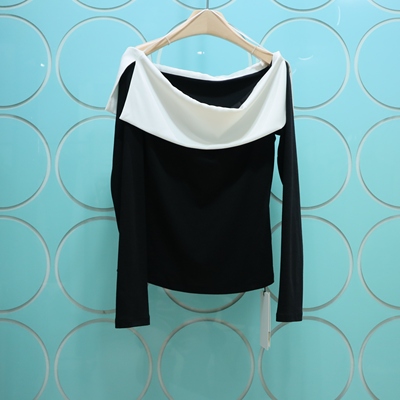 MRER莫乂义 专柜正品春季新款撞色拼接一字肩长袖上衣女R5C80411