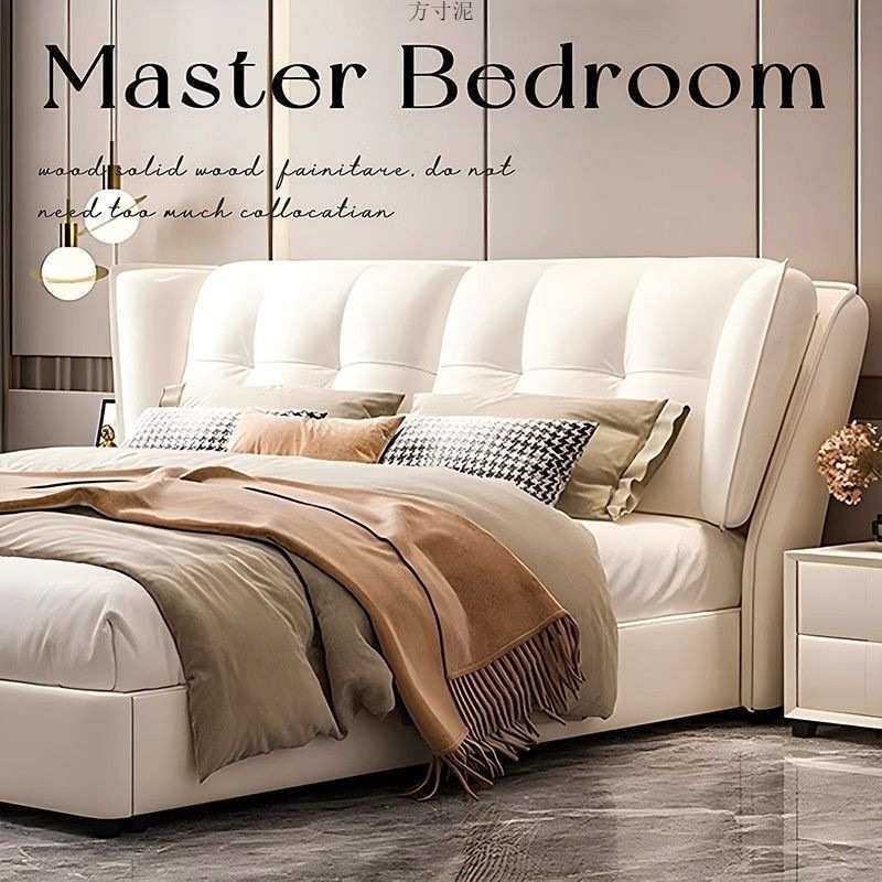 奶油轻奢床1.8米双人床主卧婚床1.5米床头软靠高端皮艺床跨境电