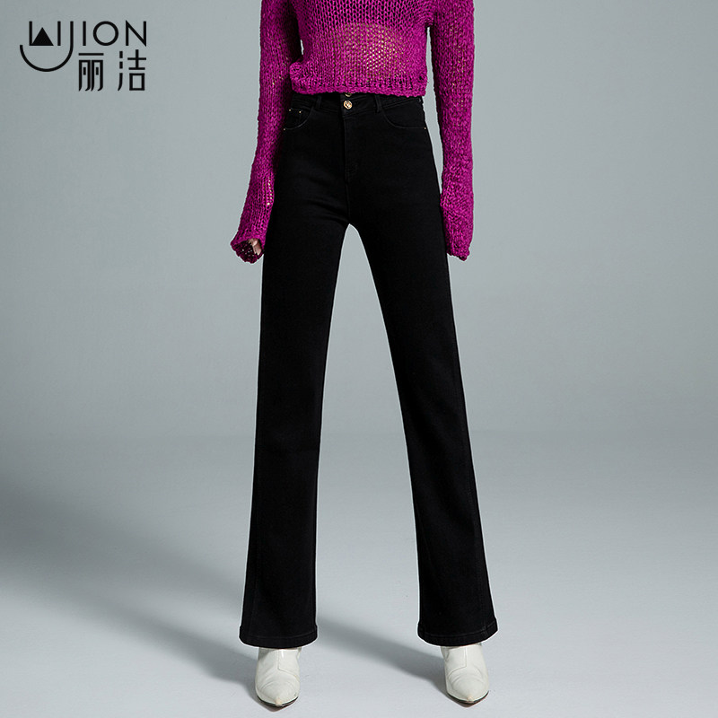 丽洁裤子秋冬加绒喇叭裤女加厚黑色牛仔裤高腰修身微喇裤休闲女裤