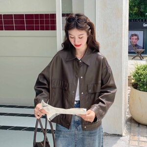 春季薄款工装风秋季短款标准皮衣复古春秋宽松ins小个子时尚休闲图片