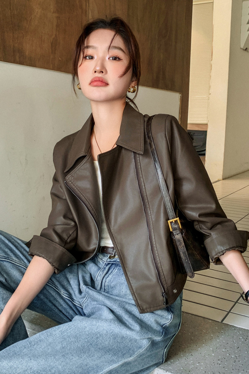 上衣女士美拉德机车风皮衣复古网红标准ins秋季短款春秋显瘦时尚,女装皮衣,莘蕾