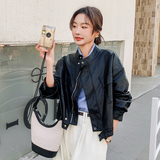 短款欧美风长袖极简风薄款皮衣黑色复古百搭女装立领春秋网红短款，女装皮衣，莘蕾