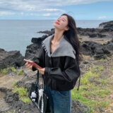 美拉德撞色复古针织披肩皮衣外套女春秋2025新款小个子PU夹克超火，女装皮衣，莘蕾