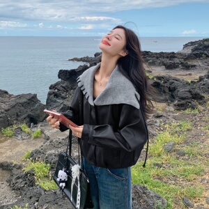 美拉德撞色复古针织披肩皮衣外套女春秋2025新款小个子PU夹克超火图片