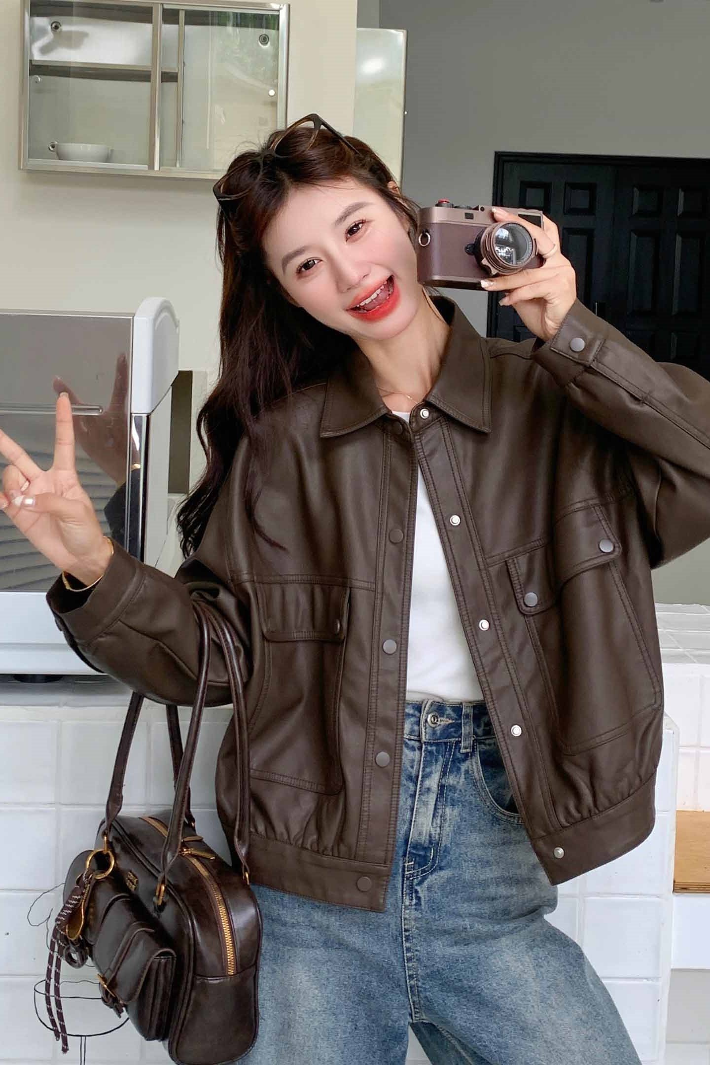 春季薄款工装风秋季短款标准皮衣复古春秋宽松ins小个子时尚休闲,女装皮衣,莘蕾