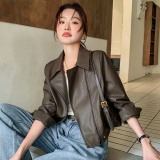 上衣女士美拉德机车风皮衣复古网红标准ins秋季短款春秋显瘦时尚，女装皮衣，莘蕾