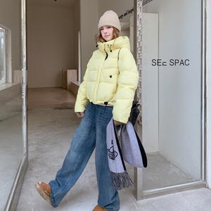 韩系黄色泡芙连帽短款羽绒服外套女秋冬2025新款设计白鸭绒面包服图片