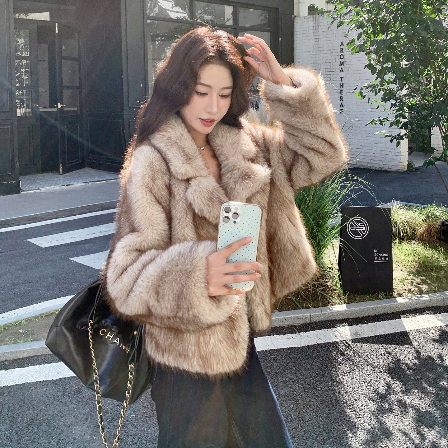 秋冬高端仿狐狸毛短款毛毛大衣时尚百搭轻奢款环保仿皮草外套女,女装皮草,莘蕾