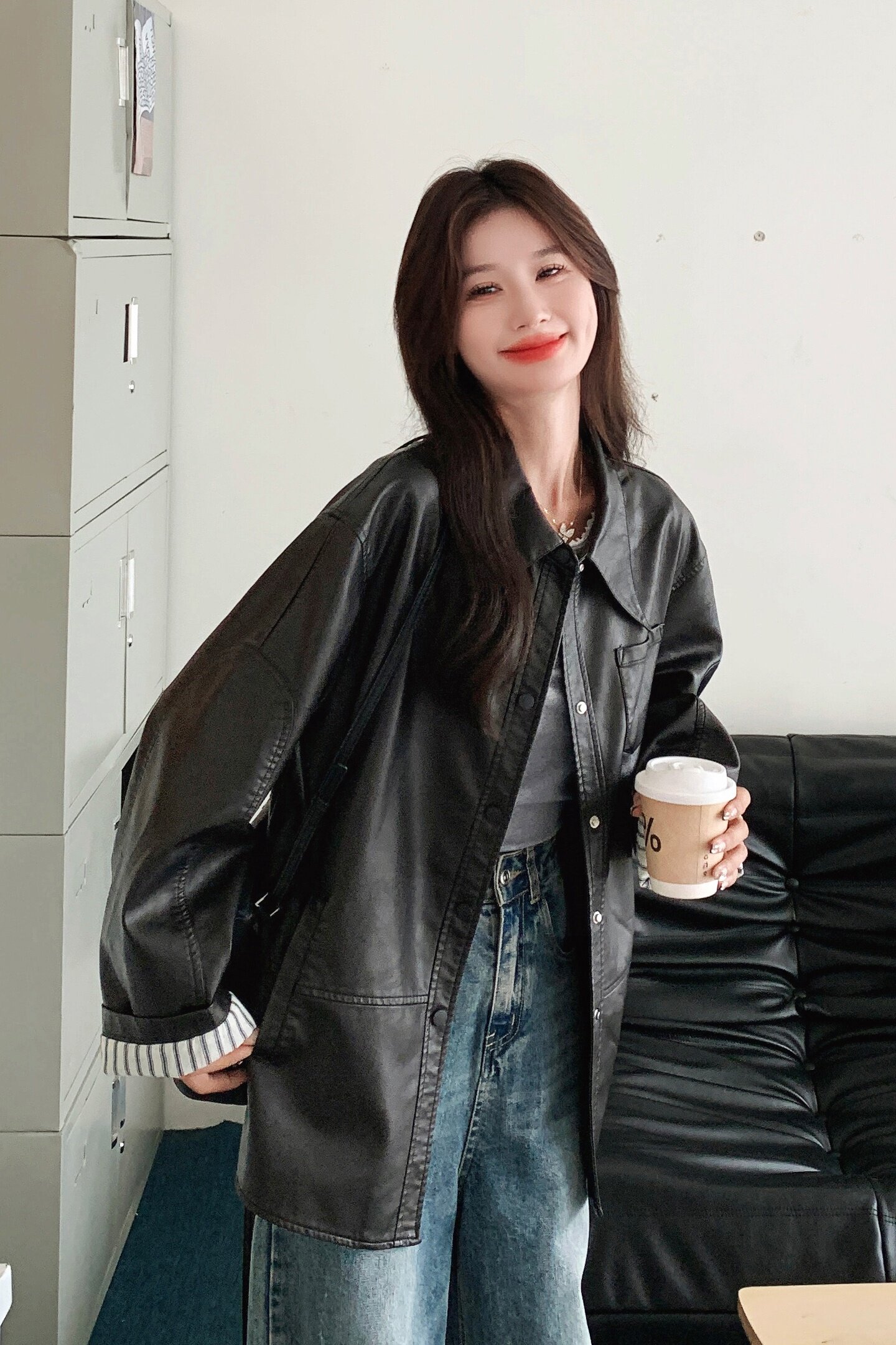 长袖中长款宽松型常规常规款皮衣时尚翻领皮夹克韩版春秋牛仔网红,女装皮衣,莘蕾