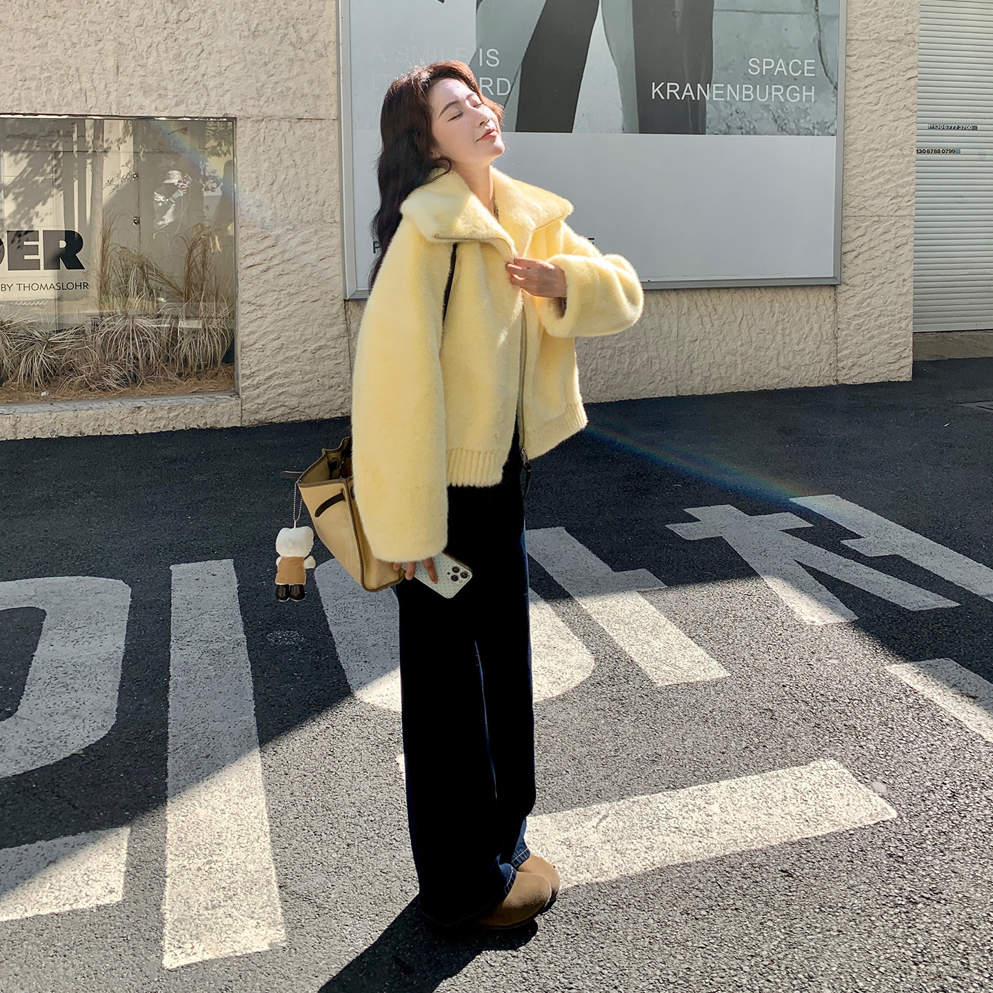 黄色气质海军领仿皮毛一体毛毛外套女秋冬季新款韩系小个子短款,女装棉衣/棉服,莘蕾