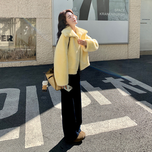 黄色气质海军领仿皮毛一体毛毛外套女秋冬季新款韩系小个子短款图片