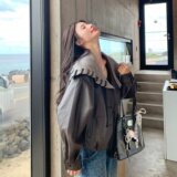 美拉德撞色复古针织披肩皮衣外套女春秋2025新款小个子PU夹克超火，女装皮衣，莘蕾