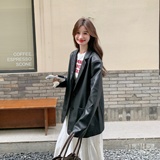 秋季轻职风做旧标准宽松型皮衣小西装外套黑色网红春秋网红短款，女装皮衣，莘蕾