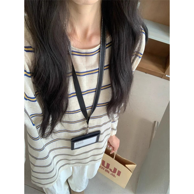 韩系条纹针织冰丝长袖防晒T恤空调衫女夏季宽松外搭罩衫薄纱上衣