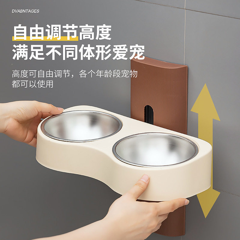 新款猫碗可升降调节双碗不锈钢免打孔挂壁式饮水食碗跨境宠物用品