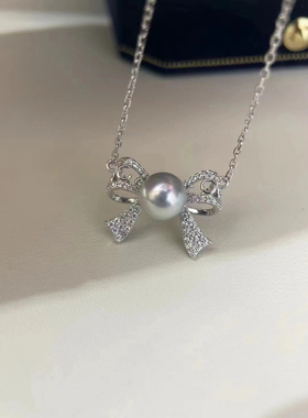 蝴蝶结少女款海水akoya真多麻珍珠项链银项链吊坠5-6mm轻奢高级