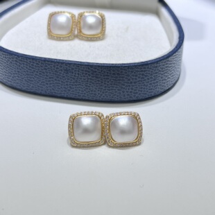 淑女的品格海水澳白马贝珍珠S925银正方形9-10mm微纹耳钉经典高级