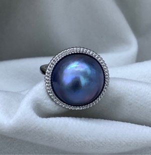 《少女麻花》海水马贝珍珠戒指,星空蓝日本马贝戒指,纯银款