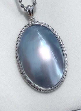 中古印尼海水马贝纯银吊坠经典麻花麦穗椭圆毛衣链项链灰蓝色银色