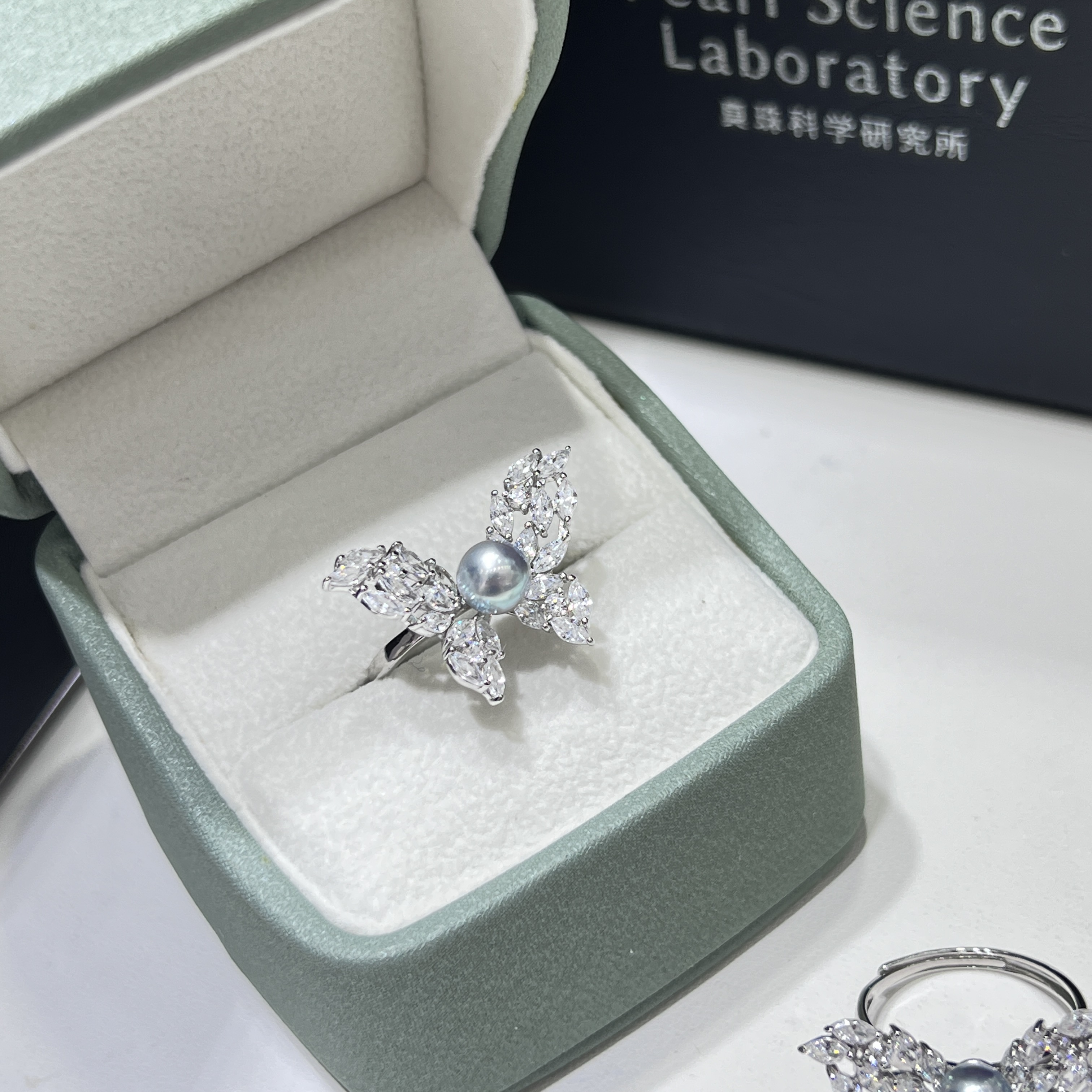 庄周梦蝶系列海水真多麻akoya灰珍珠纯银蝴蝶开口戒指S925银6-7mm