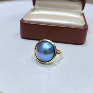 典藏系列海蓝色系海水马贝珍珠15-16mm微瑕S925银厚银开口戒指