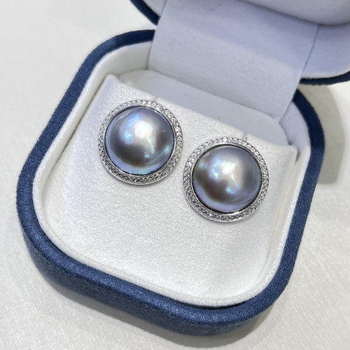 铂金仙境传说海水灰色马贝珍珠S925银耳钉15-16mm裸珠微纹满锆石