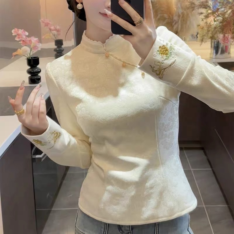 【蝶梦·加绒】2025秋冬新新中式斜襟刺绣提花加绒加厚收腰上衣女