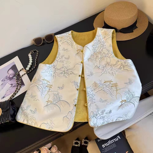 锦上添花新中式国风双面穿背心马甲女2025早春圆领缎面刺绣潮