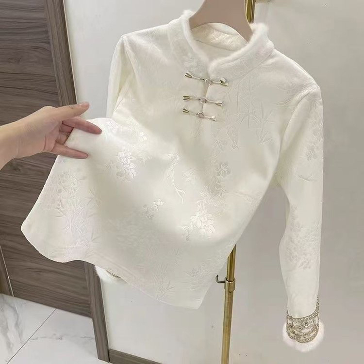【麦冬·加绒】国风盘扣刺绣打底秋冬毛毛拼接加厚保暖衬衣