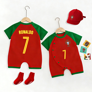 2026夏季婴儿短袖侧开宝宝连体衣纯棉C罗足球服梅西世界杯内马尔